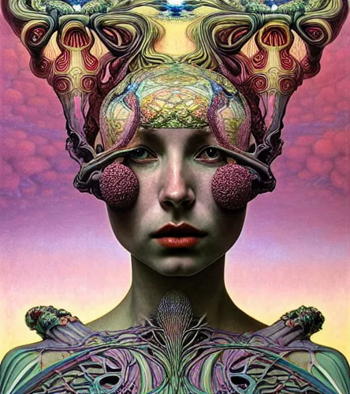 Image similar to detailed realistic beautiful young groovypunk queen of andromeda galaxy in full regal attire. art nouveau, symbolist, visionary, baroque, giant fractal details. horizontal symmetry by zdzisław beksinski, iris van herpen, raymond swanland and alphonse mucha. highly detailed, hyper - real, beautiful