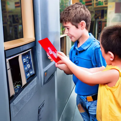 Image similar to a child exchanging a ticket for a coin from an adult, photorealistic