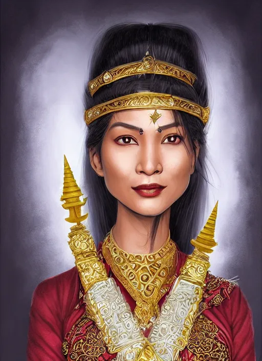 Image similar to portrait of a nepalese female sorceress, looking at camera, D&D, white dress with gold adornments, medium black hair with a red tint, intricate, elegant, stylish, cute smile, fantasy, extremely detailed, digital painting, artstation, concept art, smooth, sharp focus, illustration, ambient lighting, incredible artwork by gerald brom + bruce pennington + keith parkinson + tom white