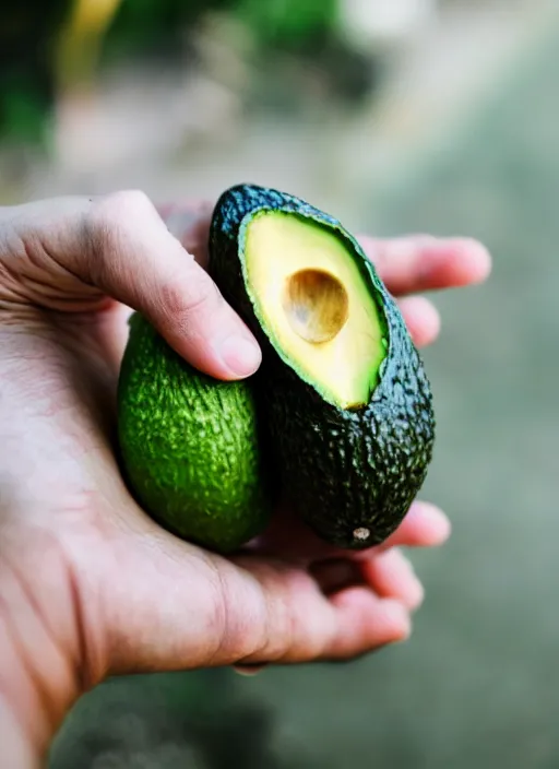 Prompt: photo avocado on a hand soft focus