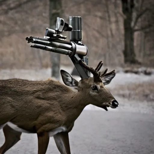 Image similar to a rocket launcher explosive deer military animal beast, huge, powerful, rocket, launcher, scary, anger, rage, canon eos c 3 0 0, ƒ 1. 8, 3 5 mm