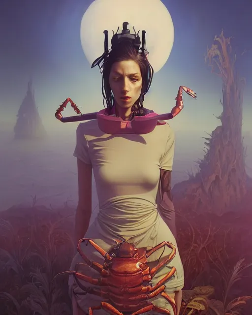 Image similar to highly detailed surreal vfx portrait of a lobsterpunk grim reaper, stephen bliss, unreal engine, greg rutkowski, loish, rhads, beeple, makoto shinkai and lois van baarle, ilya kuvshinov, rossdraws, tom bagshaw, alphonse mucha, global illumination, detailed and intricate environment