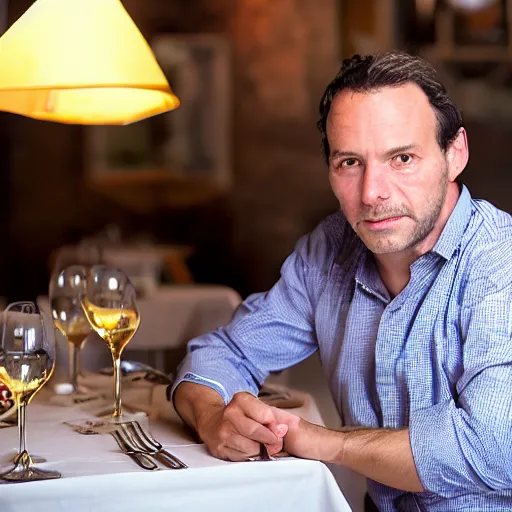 Prompt: photo from the year 2 0 0 1 of a frenchman from france seated in a restaurant. 5 0 mm, studio lighting