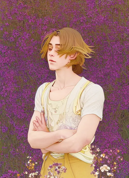 Image similar to pretty young man with shoulder length shiny shimmering golden blond hair, half body shot, emotional, decorative flower patterned background, path traced, highly detailed, high quality, digital painting, by studio ghibli and alphonse mucha, leesha hannigan, hidari, disney, jules bastien - lepage