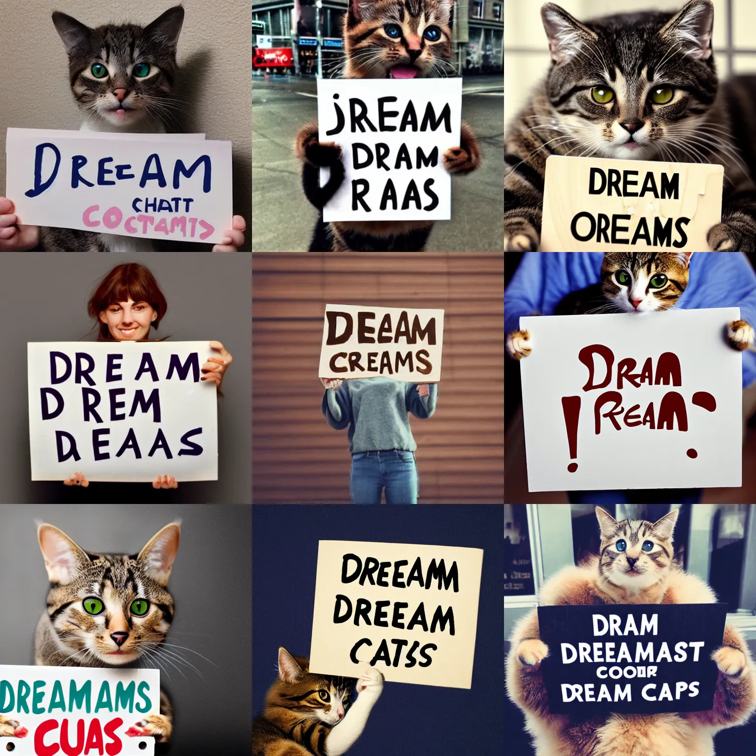 Image similar to realistic high quality photo of a cute cat holding a sign with text that reads : dream cats