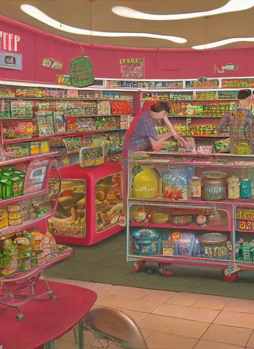 Prompt: highly detailed wide - angle, portrait of a 1 9 6 0 s retro supermarket, unreal engine, nicoletta ceccoli, mark ryden, earl norem, lostfish, global illumination, detailed and intricate environment