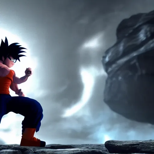 Image similar to son goku watching morbius in the movie theaters, rendered in unreal engine 5, shading, realistic lighting, volumetric lighting