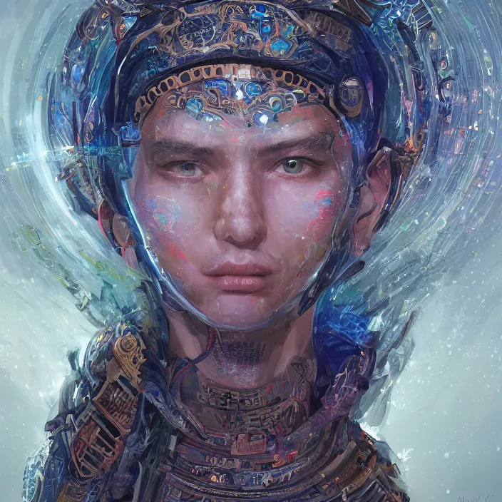 Image similar to portrait of a future metaverse ayahuasca tech shaman warrior, 2 d cartoon, visionary art, symmetric, magick symbols, holy halo, shipibo patterns, sci - fi, concept art, trending on art station, 8 k digital art, by mandy jurgens, fantasy portrait art, anime