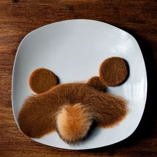 Prompt: a plate of hair and fur shaped into food