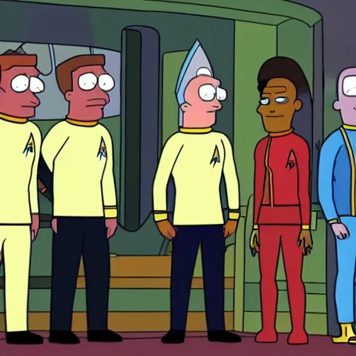 Prompt: characters from star trek lower decks, rick and morty, futurama, meeting on a distant planet