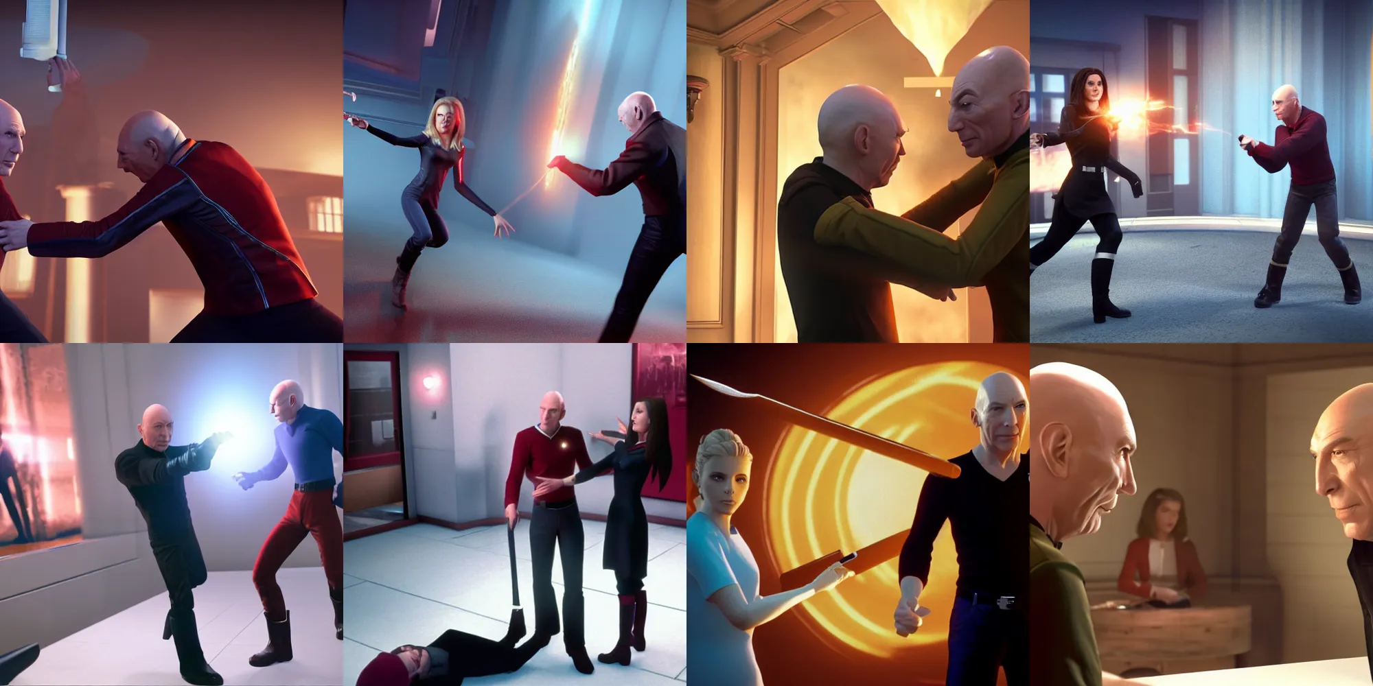 Prompt: buffy the vampire slayer attacking jean luc picard while data watches, unreal 5, hyperrealistic, octane render, dynamic lighting