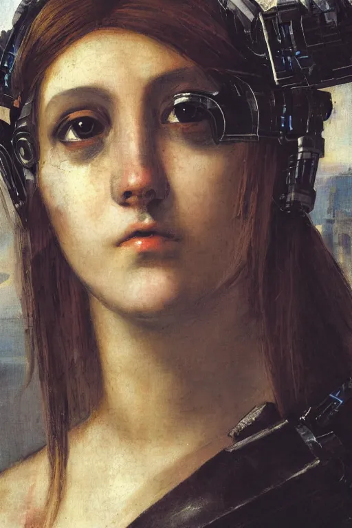 Prompt: a close - up portrait of a cyberpunk cyborg girl, by titian, rule of thirds