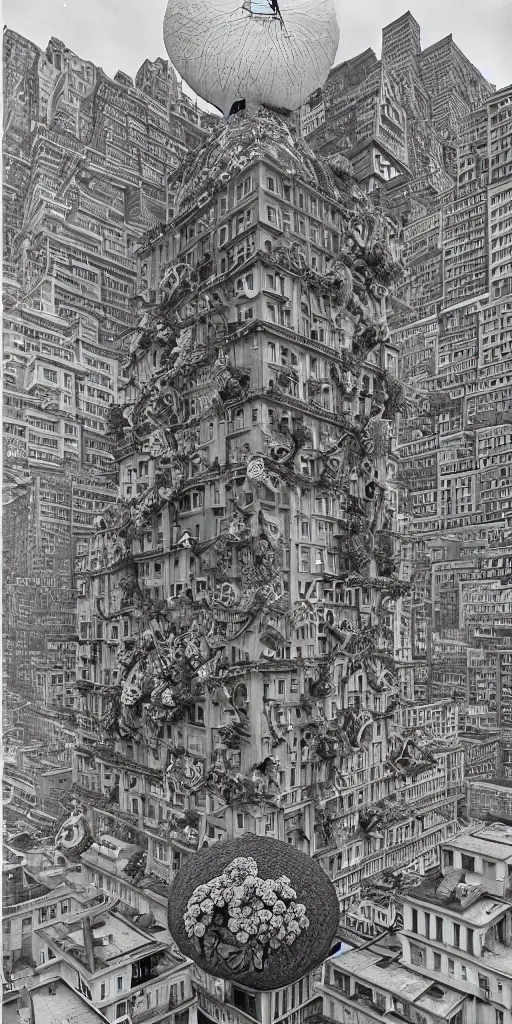 Prompt: colossal MC Escher flower in the middle of post soviet constructivist cityscape, Stalinist architecture, ultradetailed, Intricate by Hayao Miyazaki and Josan Gonzalez and Giuseppe Arcimboldo and Wes Anderson and H.R. Giger