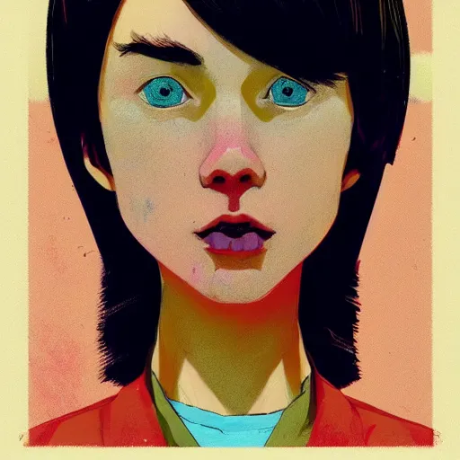 Image similar to highly detailed portrait of a punk young lady by Atay Ghailan, Cliff Chiang, loish, Brian Lee O'Malley and Goro Fujita, yellow, black, brown and cyan mystical tones, symmetrical composition, 8k resolution, exagerrated proportions, long neck, forward facing, trending on artstation, featured on behance, freckles