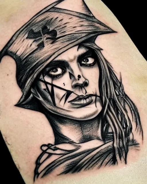 Image similar to pirate ship on a deserted island blended with a woman warrior face, realism tattoo drawing, hyper realistic, shaded