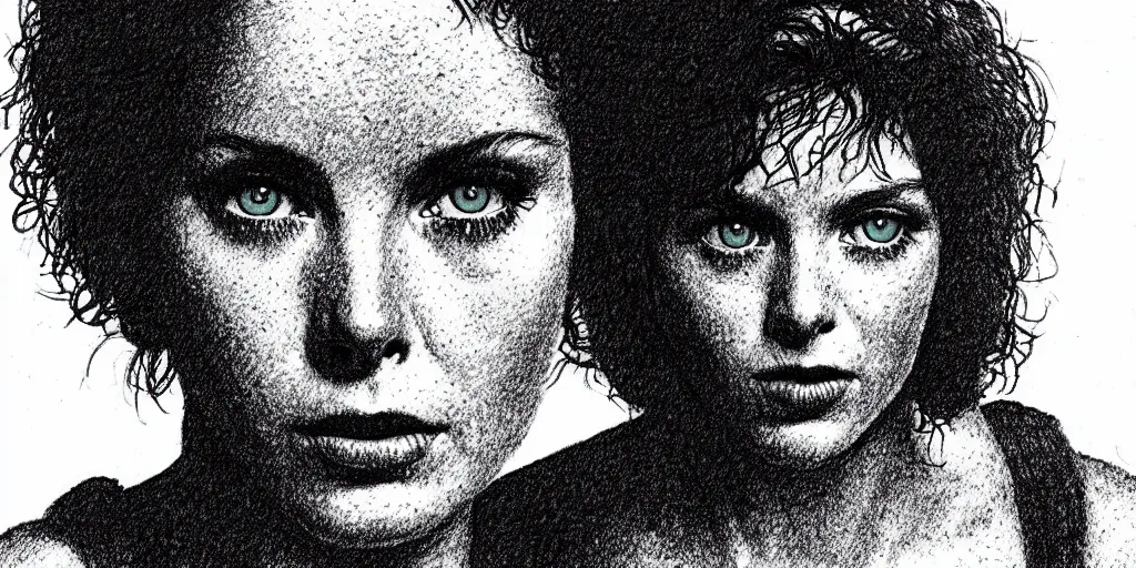 Prompt: a stipple drawing of ripley from the movie alien, looking into the camera
