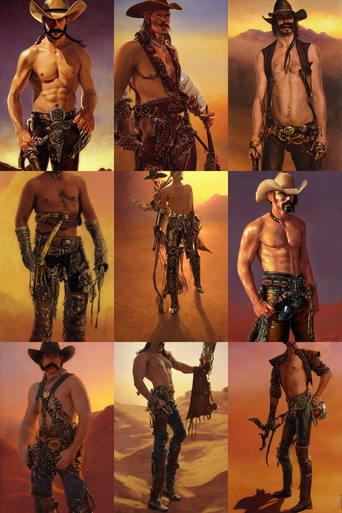 Prompt: an ethereal, dreamlike painting of a handsome mustachioed shirtless cowboy with a bandolier surrounded by brass bullet casings | he is wearing pauldrons, and leather pants | red desert mesa background at twilight | by bill ward, by tom of finland, by clyde aspevig, by thomas moran | trending on artstation