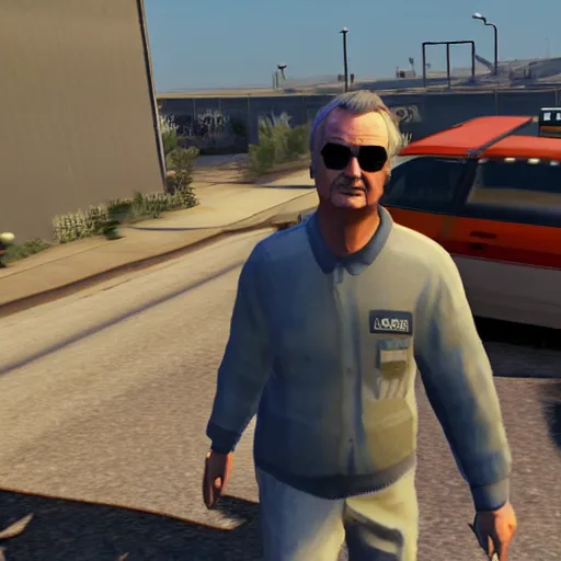 Image similar to bill murray in gta, running from cops, game screenshot