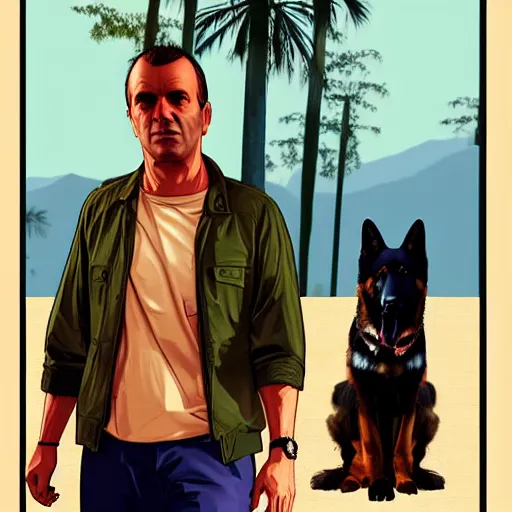 Prompt: Man walking along german shepherd, detailed, GTA V poster