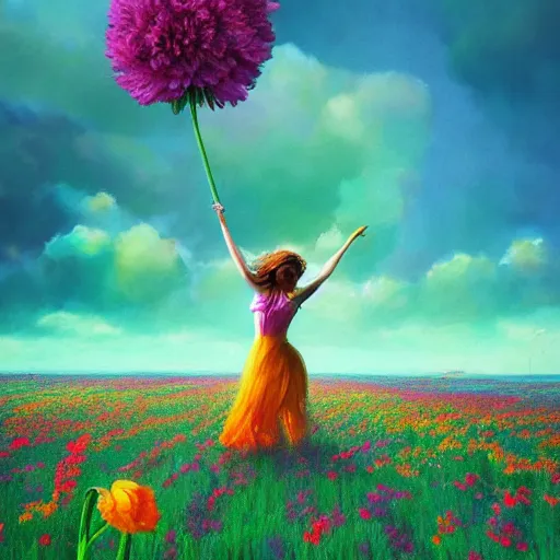 Image similar to girl made of giant flowers, dancing in a vast flower field, arms behind back, surreal photography, sunrise dramatic light, impressionist painting, colorful clouds, large sky, digital painting, artstation, simon stalenhag, flower face