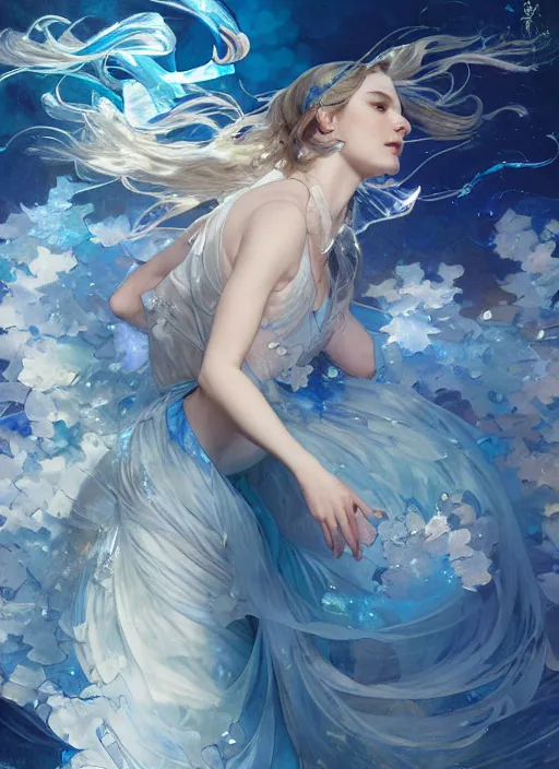 Image similar to cinderella, blue, splash aura in motion, floating pieces, painted art by tsuyoshi nagano, greg rutkowski, artgerm, alphonse mucha, spike painting