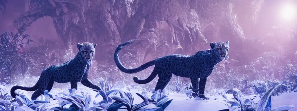 Image similar to large black sabretooth cheetah with shiny blue fish scales skin and silver lightning tail, walking in a dense alien snow covered frosty jungle, with snow covered colourful red, blue and purple plants, large vines, snow covered arched organic rock structures, in the style of monster hunter world, like concept art on artstation, hyperdetailed, vray render, octane render,
