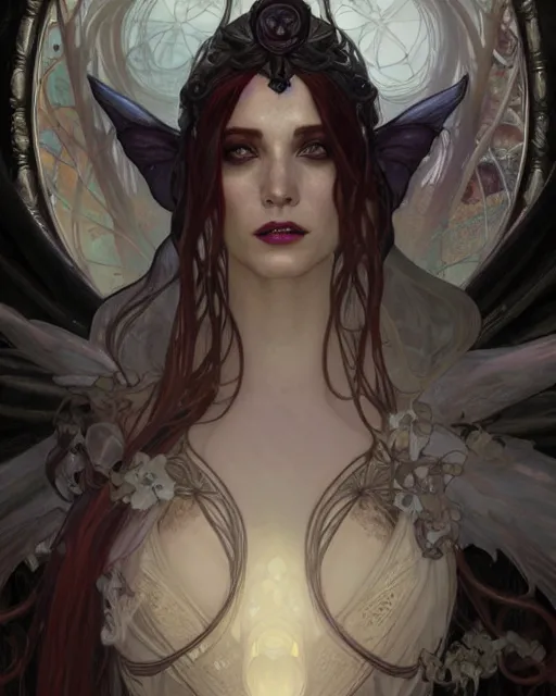 Image similar to wlop, bastien lecouffe deharme, alfons mucha, detailed portrait digital painting of a beautiful serious villainess wearing fantasy clothing like liliana vess, villainess has black angel wings, evil mood, hellish battlefield in the background, embers flying, unreal engine, hyper realism, realistic shading, cinematic composition, blender render, ultrawide shot