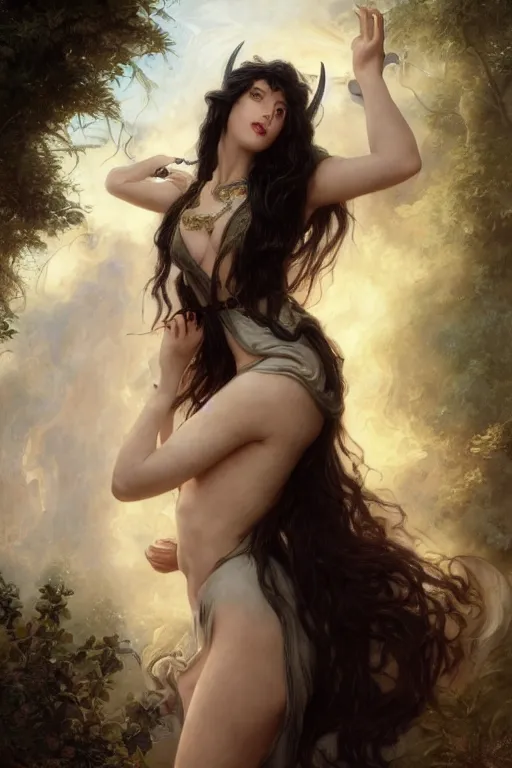 Prompt: a fantasy comic book style portrait painting of a beautiful woman with pale skin and long black hair, mystical valkyrie, francois boucher, oil painting, unreal 5, hyperrealistic, octane render, regal, refined, detailed digital art, rpg portrait, william - adolphe bouguereau, michael cheval, walt disney, steampunk, dynamic lighting, highly detailed, unreal engine