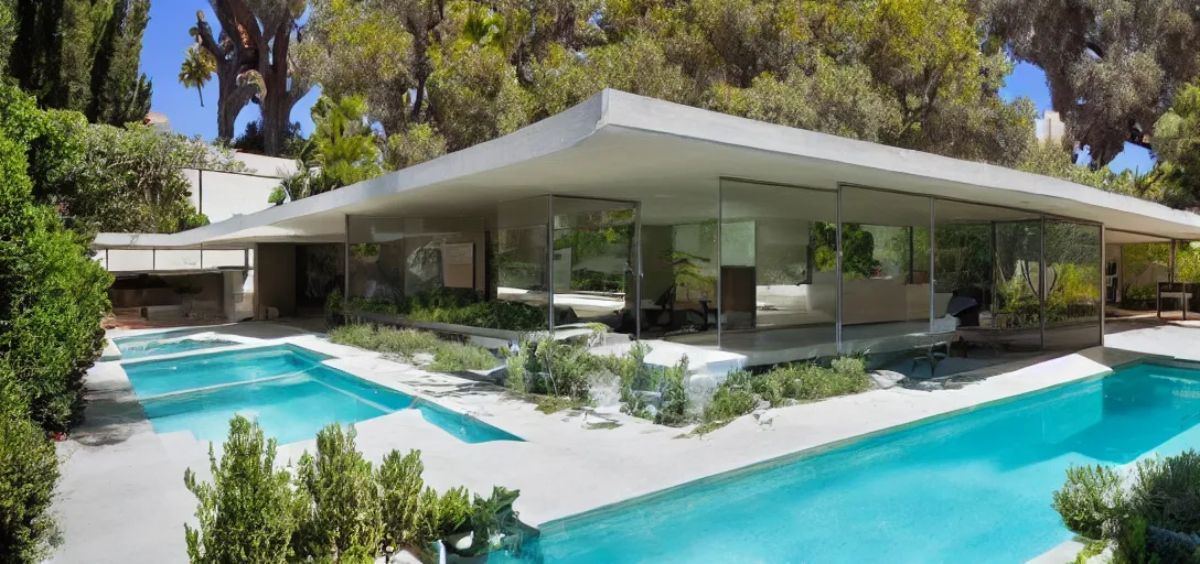Prompt: midcentury house made of pentelic marble, designed by ictinus and callicrates. neptune pool in backyard. built in 1 9 5 9 in santa monica. owned by hollywood executive