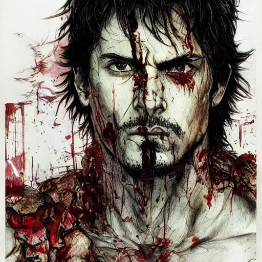 Image similar to self portrait, roman man with battle scar on his chest holding his sword on his shoulder by yoji shinkawa, pencil art, detailed, handsome, colored, bloody