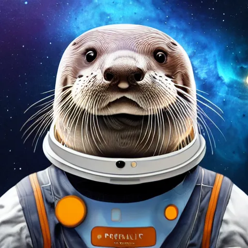 Image similar to a realistic portrait of an otter wearing a space helmet with space and nebula background, trending on artstation, ultra detail, photorealistic, fine detail, cgi, zbrush, global illumination, studio lighting