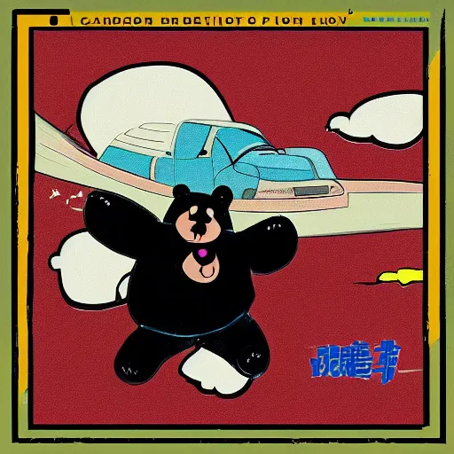 Image similar to a cartoon bear flying through the air over a car, an album cover by Xi Gang, cg society, renaissance, groovy, masterpiece, wavy