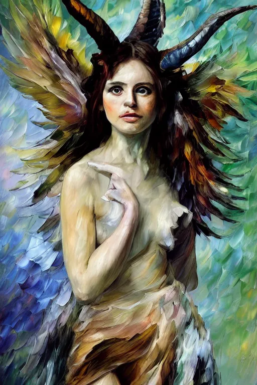 Prompt: palette knife oil painting portrait of a harpy angel girl, feathered long hair, talons, claws, horns, bones,, extreme detail, style by leonid afremov and degas, artstation trending, artgerm, deviant art, octane, substance, art history 8 k, green brown and grey earth tones palette