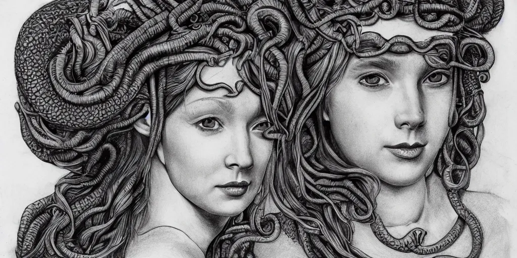 Prompt: realistic portrait of a beautiful symmetrical smiling medusa with her snake hair, 1450, ink, ultra realistic, 8k