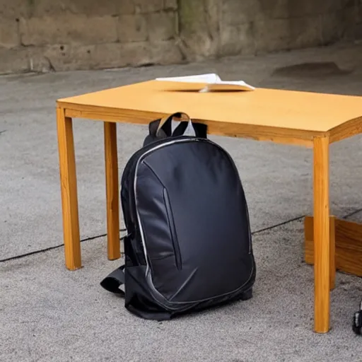 Image similar to a backpack is put under a table, backpack under a table