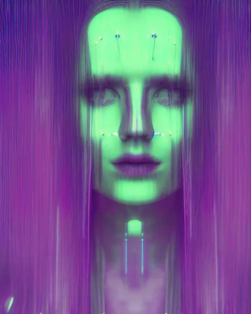 Prompt: featureless serene robotic woman's face, long metallic hair, dark makeup, violet and yellow and green and blue lighting, polaroid photo, 1 9 8 0 s cgi, atmospheric, whimsical and psychedelic, grainy, expired film, super glitched, corrupted file, ghostly, bioluminescent glow, sci - fi