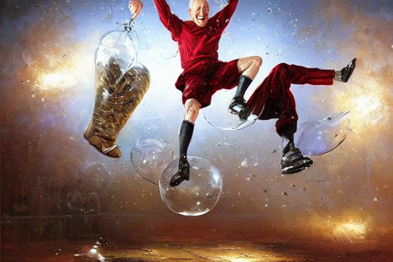 Prompt: portrait of bob barker jump kicking through glass, an oil painting by ross tran and thomas kincade