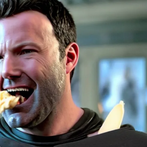 Image similar to A still of Ben Affleck's Batman smiling while eating an ice cream, 4k, ultra realistic, detailed, award winning