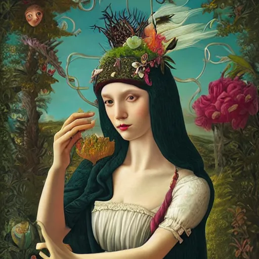 Image similar to a detailed portrait of young woman in renaissance dress and a surreal renaissance headdress, very surreal garden, cyberpunk, surreal tea party, strange creatures, by christian schloe and botticelli, naotto hattori, amy sol, roger dean, moody colors