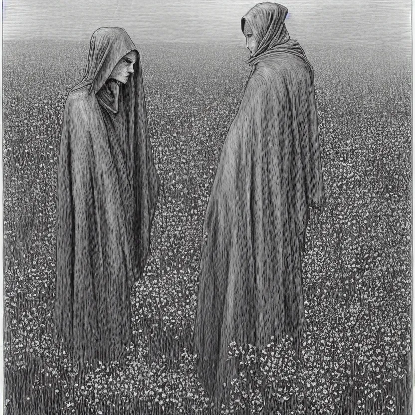 Image similar to faceless grim reaper with veil over face at distance in beautiful meadow of flowers, detailed pencil illustration by gustave dore, highly detailed, centered, high resolution, smooth, sharp focus, illustration