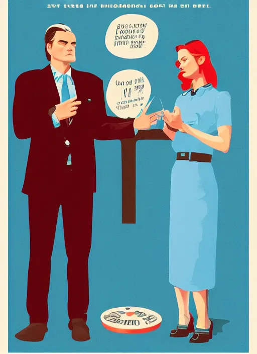 Prompt: Twin Peaks art, of Michael Shannon dressed as mechanic talking to Jennifer Connelly wearing light blue diner waitress dress, poster artwork by James Edmiston, from scene from Twin Peaks, simple illustration, domestic, nostalgic, from scene from Twin Peaks, clean, New Yorker magazine cover