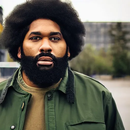 Image similar to photograph of a gigantic black man with afro hair and beard stubble wearing an adidas army green jacket, looming over dublin