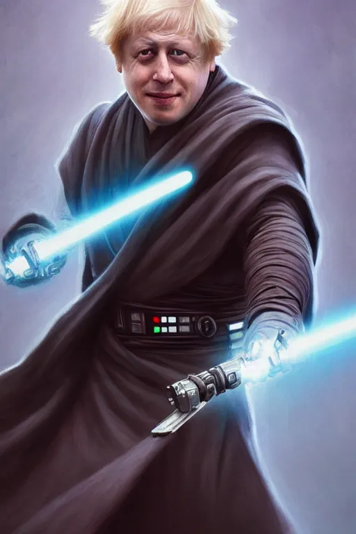 Image similar to Boris Johnson as the best Jedi from Star Wars, realistic portrait, symmetrical, highly detailed, digital painting, artstation, concept art, smooth, sharp focus, illustration, cinematic lighting, art by artgerm and greg rutkowski and alphonse mucha