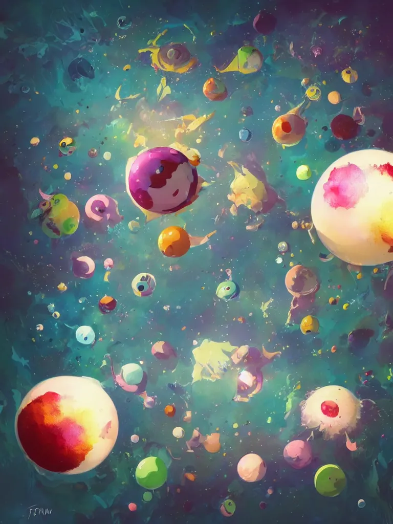 Prompt: a dreamy otherworldly 3 d render of floating pokeballs, pixiv fanbox, dramatic lighting, maximalist pastel color palette, splatter paint, pixar and disney exploded - view drawing, graphic novel by fiona staples and dustin nguyen, peter elson, alan bean, wangechi mutu, clean cel shaded vector art, trending on artstation