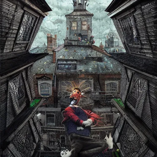 Image similar to A clown on the roof of the church playing with crows, by Android Jones and M. C. Escher collaboration, futurist, digital art, dramatic lighting, symbolic