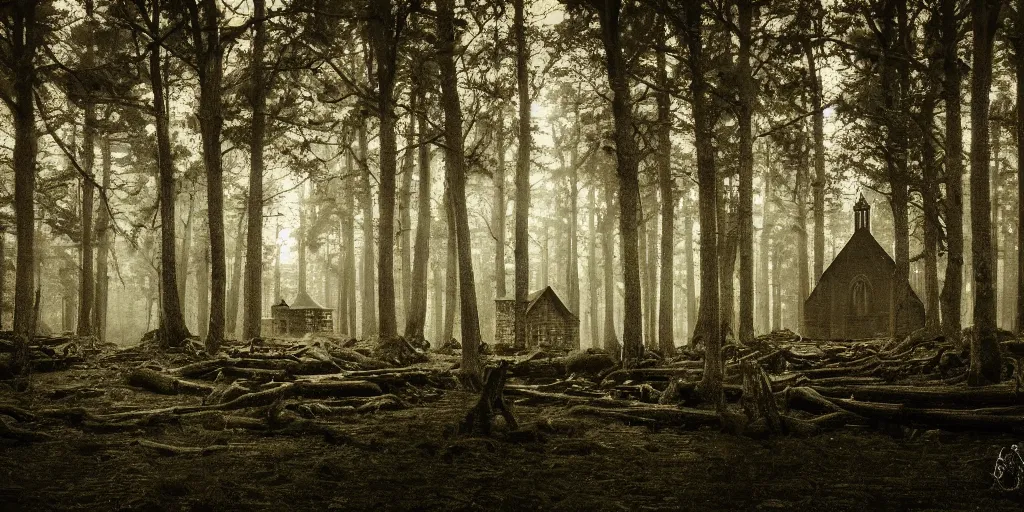 Image similar to a photo of a dream world, forest, river, skull, church, dark lighting
