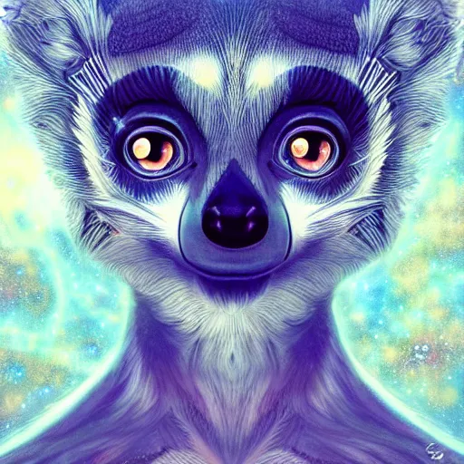 Image similar to geometric symmetrical lemur, galaxy in the background, intricate, elegant, highly detailed, digital painting, artstation, concept art, smooth, sharp focus, illustration, art by artgerm