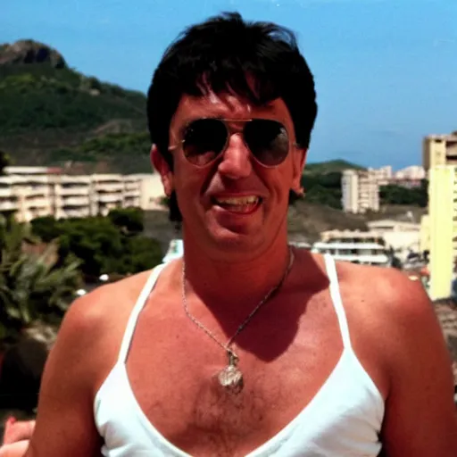 Image similar to tony montana on vacation in benidorm