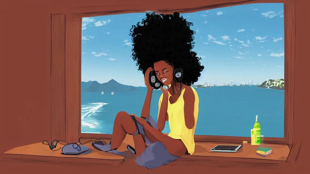 Image similar to black girl, curly hair, with headphones, studyng in bedroom, window with rio de janeiro view, lo-fi illustration style, digital art, alive colors