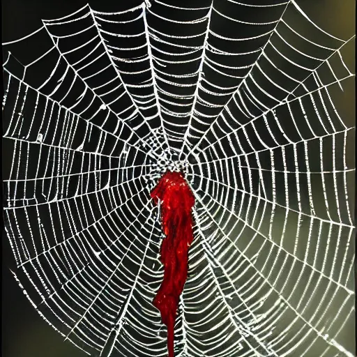 Image similar to spider webs dripping blood, rich decaying bleeding colors, horrorcore spider